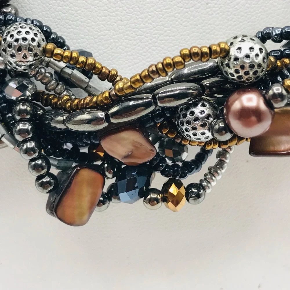 Multi-Strands multi color faux glass Pearl hematite tri Color necklace,